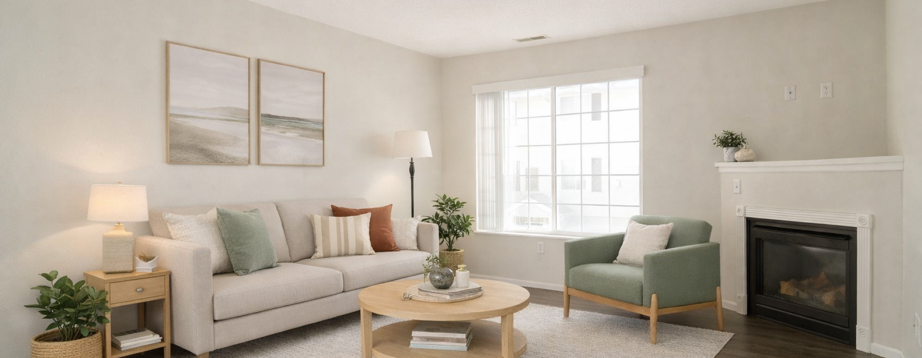 Styled living room with neutral decor and fireplace