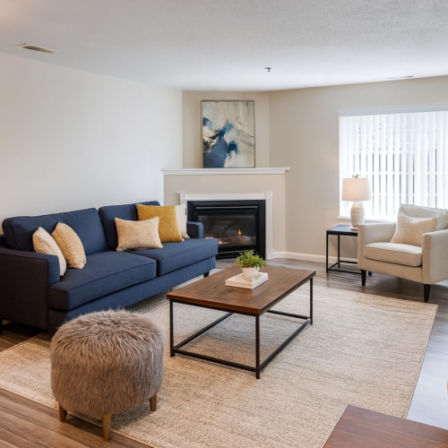 Find your next Burnsville apartment Staged apartment living room with fireplace