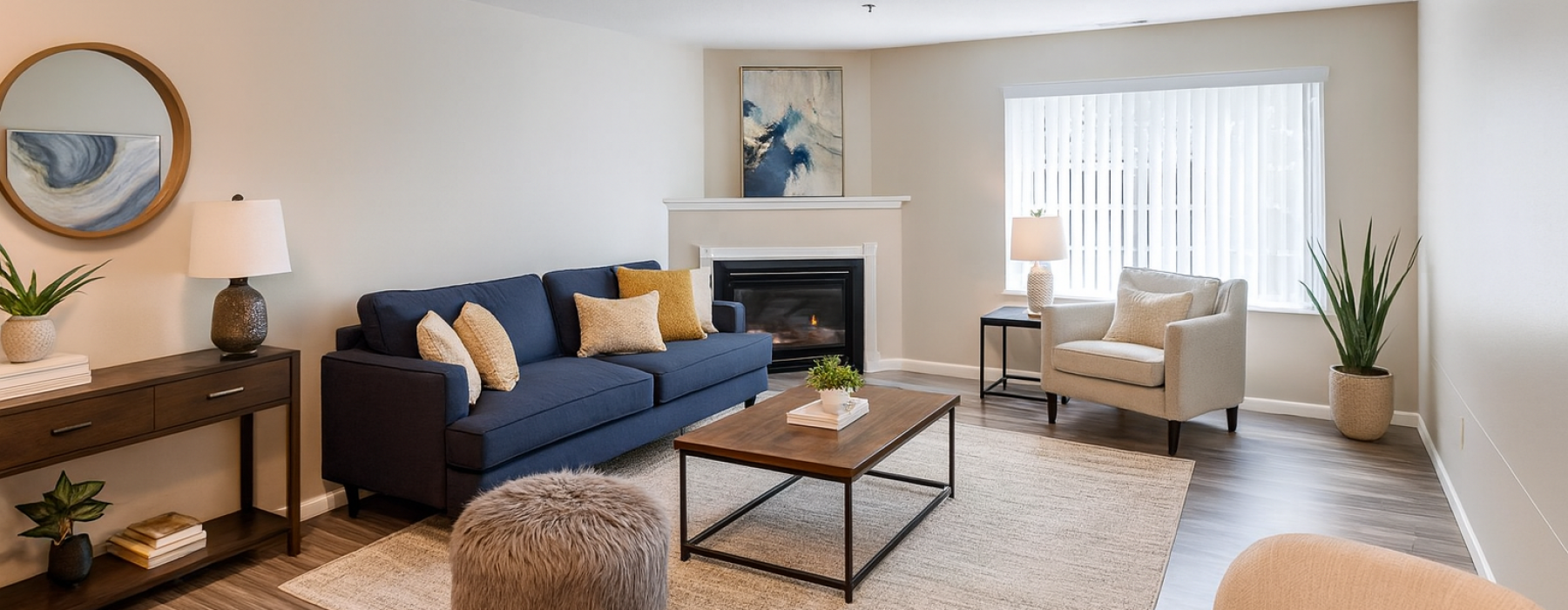 Staged apartment living room with fireplace