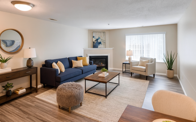 Staged apartment living room with fireplace